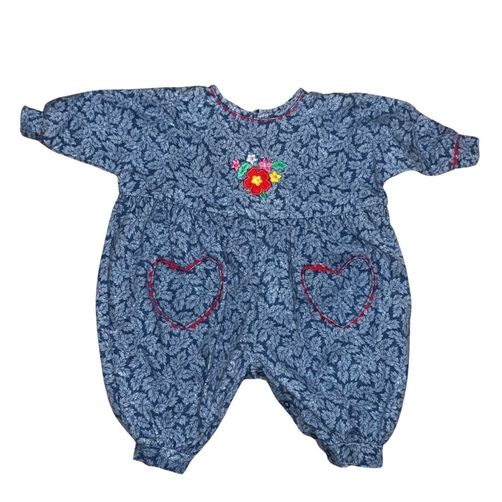 Little Me Vintage Cotton Romper Blue Floral Embroidered Size 6 Months